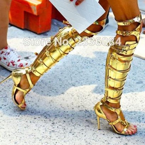Shoes - Matte Metallic Gladiator Strappy Sandals Thigh High Boots Over-knee High Heels